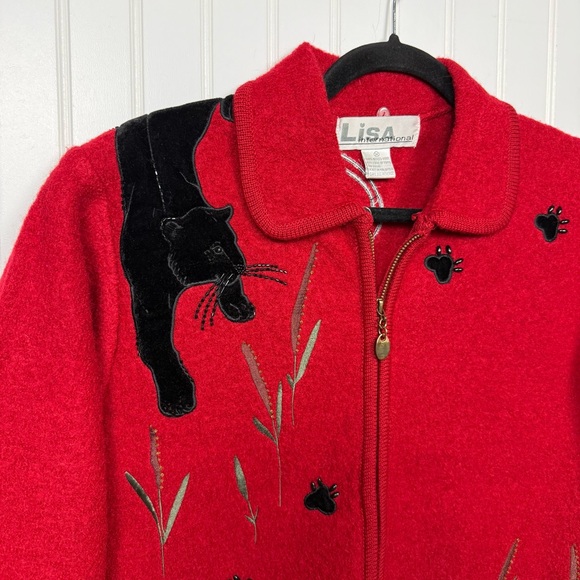 Vintage Lisa International Jacket Size Medium 100% Boiled Wool Zip Black Panther - Picture 2 of 12